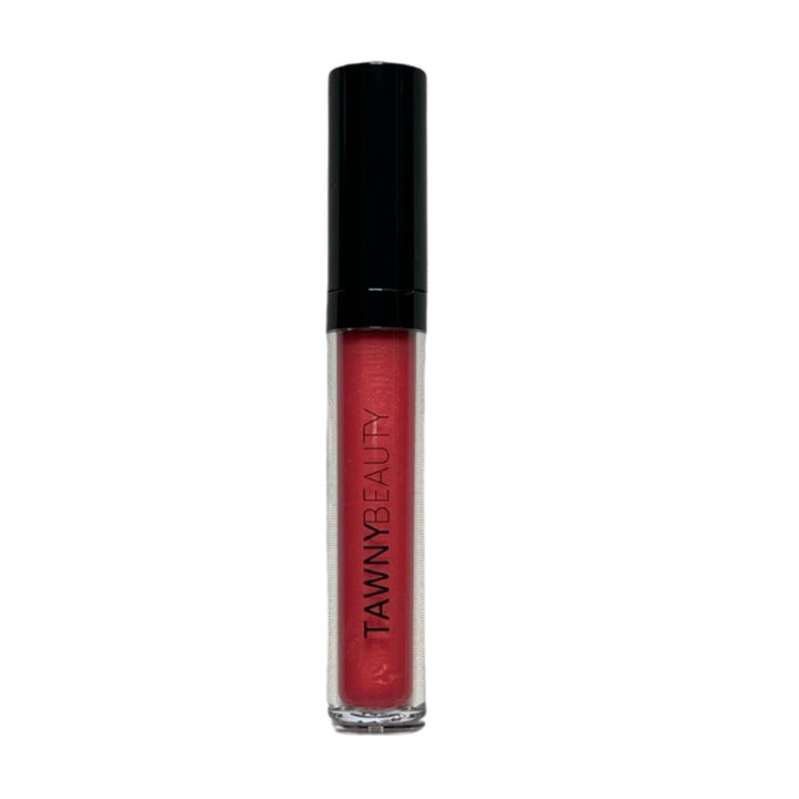 Tawny Beauty, Miss Red Lipgloss, Color is true red with shimmery finish, Cruelty free, Gluten free, Paraben free, Vegan, Black-owned, Woman-owned cosmetic makeup brand based in Atlanta, Georgia, Made in the USA